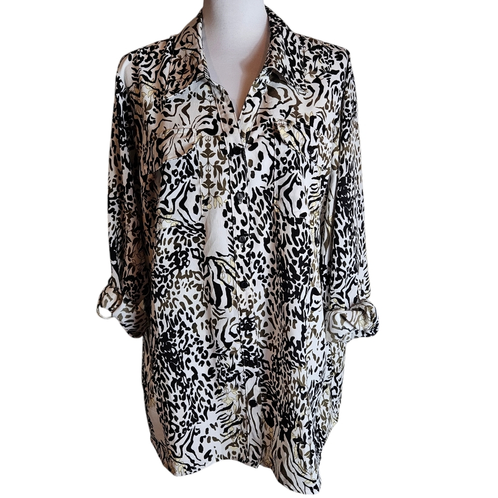 Notations Woman Floral Animal Print Button Down Shirt Size 3X Roll Tab Sleeves